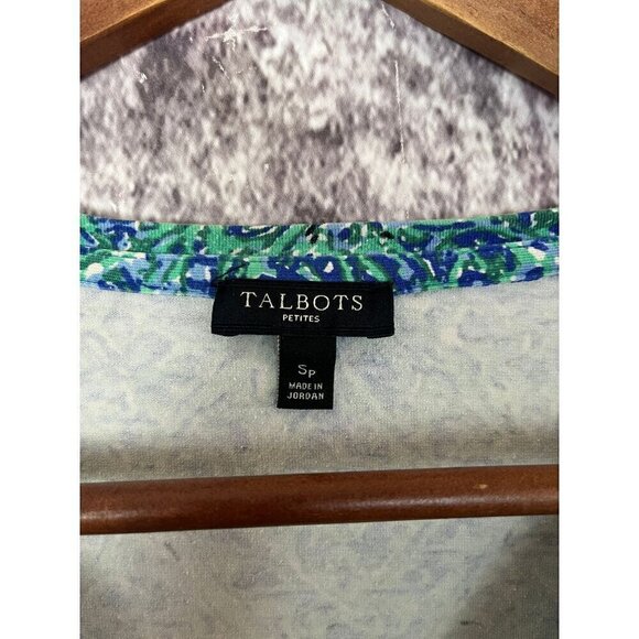 Talbots Petites Bateau Neck Tee Blue Green Pattern Coastal Casual Top Blouse PS - Picture 3 of 10